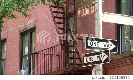 New York City crossroad, Willow street intersection, one way road sign. Brooklyn Heights real estate New York City crossroad, Willow street intersection, one way road sign. Brooklyn Heights real estate 121196550