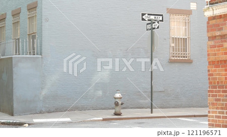 New York City oneway crossroad, Minetta street intersection, one way road sign. Manhattan, Greenwich New York City oneway crossroad, Minetta street intersection, one way road sign. Manhattan, Greenwich 121196571