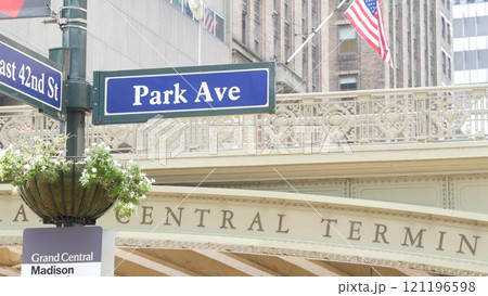 New York City Grand Central Terminal, 42 street, Park Avenue, Pershing Square bridge architecture. 121196598