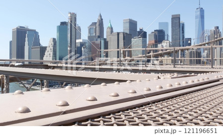 Brooklyn Bridge to Manhattan downtown. New York City skyline cityscape. World Trade Center, USA. 121196651