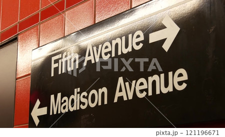 New York subway station interior, text sign. Manhattan underground metropolitan. United States metro 121196671