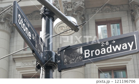 Broadway street road sign, Manhattan architecture, New York City. Traffic signage of street name. Broadway street road sign, Manhattan architecture, New York City. Traffic signage of street name. 121196706