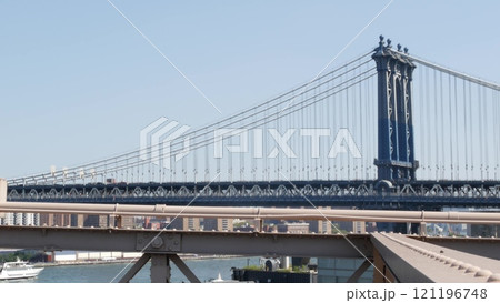 New York City Manhattan Bridge from Brooklyn Bridge. USA NYC skyline cityscape. East River water. 121196748