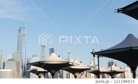 New York City waterfront skyline, Manhattan Downtown Financial district, World Trade Center cityscape 121196813