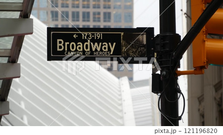 Broadway street road sign, Manhattan architecture, New York City. Traffic signage of street name. 121196820
