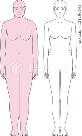 太った女性とスリムな女性.　ダイエットのビフォーアフターの全身の正面イラスト 121196845