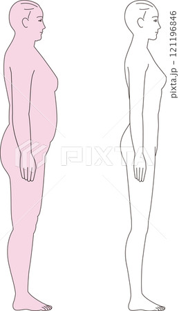 太った女性とスリムな女性.　ダイエットのビフォーアフターの全身の側面イラスト 121196846