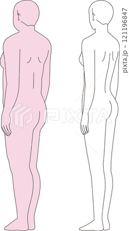 太った女性とスリムな女性.　ダイエットのビフォーアフターの背面の全身斜め後ろのイラスト 121196847