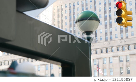 New York City subway entrance globe, orb lamp. Traffic light, Manhattan downtown, underground metro. New York City subway entrance globe, orb lamp. Traffic light, Manhattan downtown, underground metro. 121196857