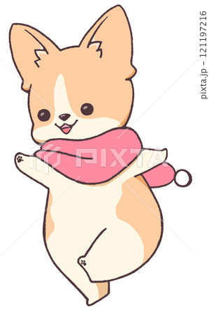 マフラーを巻いた笑顔のコーギー(茶色) マフラーを巻いた笑顔のコーギー(茶色) 121197216