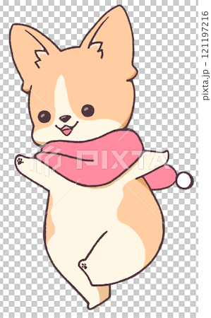 マフラーを巻いた笑顔のコーギー(茶色) マフラーを巻いた笑顔のコーギー(茶色) 121197216