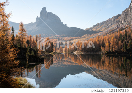 Autumn Dolomite landscape reflected in the still water of Lago Federa Autumn Dolomite landscape reflected in the still water of Lago Federa 121197339
