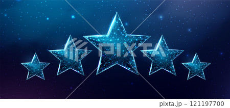 Wireframe five stars, low poly style. Success, winner, rating concept. Abstract modern 3d vector illustration on dark blue background. 121197700