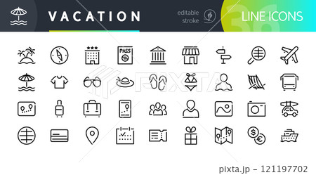 Vacation Line Icons Set with Editable Stroke Vacation Line Icons Set with Editable Stroke 121197702