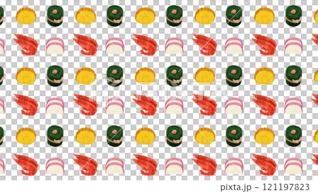Wallpaper of shrimp, konbumaki, kamaboko and datemaki - watercolor-style hand-drawn illustration 121197823