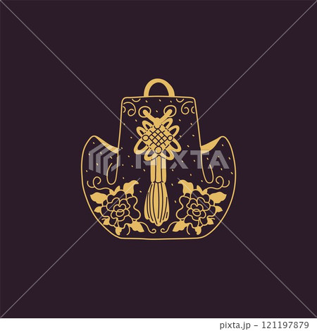Vector illustration of a happy bag with handles and flowers in a contour style 121197879