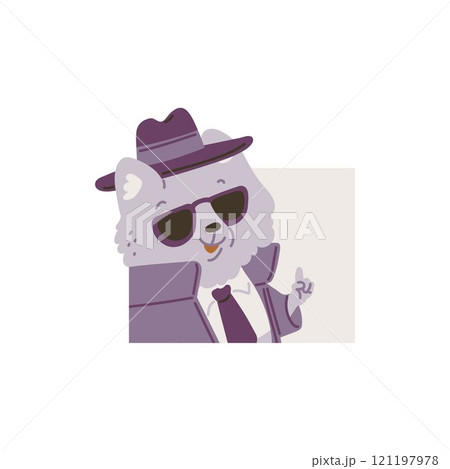 Vector illustration of a peeking detective cat on a square background. 121197978