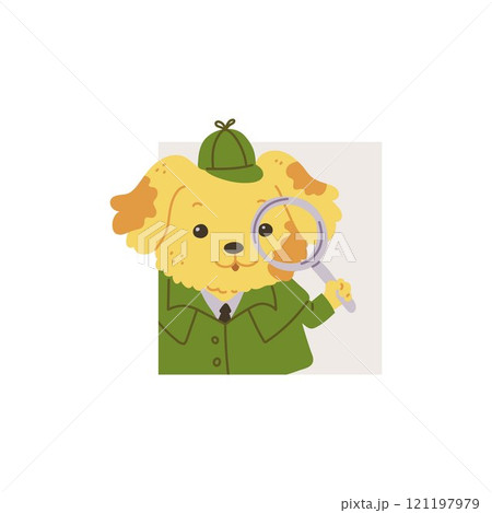 Vector illustration detective dog in a hat with a magnifying glass on a white background. 121197979