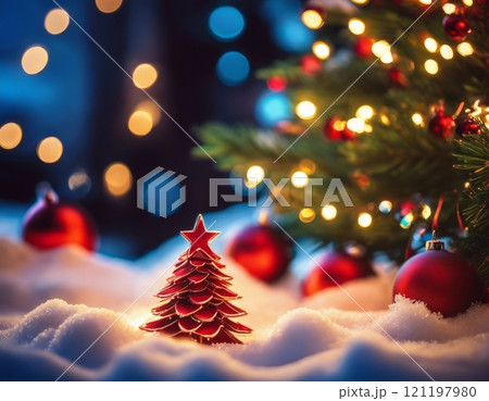 Magical Christmas scene: glowing red miniature tree on snowy surface.Blurred Christmas tree with colorful lights in background. Red ornaments, bokeh, for holiday card, social media, festive marketing. 121197980