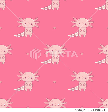 Seamless pattern Romantic cute Axolotl on pink background with heart. Funny Little cartoon kawaii character. Vector illustration. Kids collection 121198121