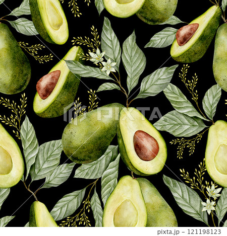 Watercolor avocado with flowers seamless pattern on black background. Green vegetable illustration. Hand drawn botanical plant drawing background for pack, textile, fabric and food packaging design Watercolor avocado with flowers seamless pattern on black background. Green vegetable illustration. Hand drawn botanical plant drawing background for pack, textile, fabric and food packaging design 121198123