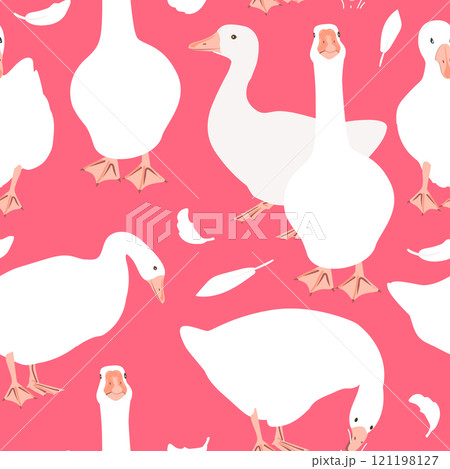 Cute geese seamless pattern. Trendy goose collection on pink background. Vector illustration 121198127