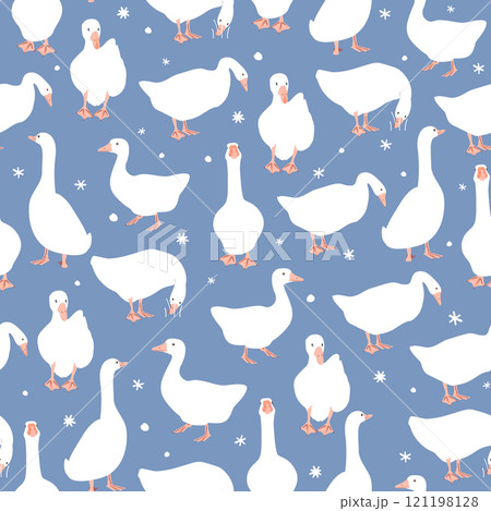 Cute geese and snow seamless pattern. Winter goose collection on blue background. Vector illustration 121198128