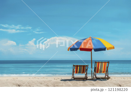Two sun loungers under an umbrella on the beach. Generative AI 121198220