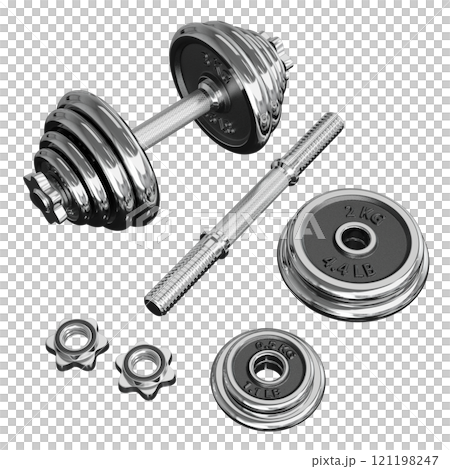 Chrome Adjustable Dumbbell and one taken apart. Rod handle, weight plates, locks 121198247