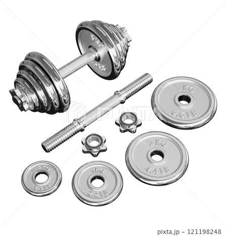 Chrome Adjustable Dumbbell and one taken apart. Rod handle, weight plates, locks Chrome Adjustable Dumbbell and one taken apart. Rod handle, weight plates, locks 121198248