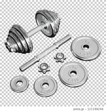 Chrome Adjustable Dumbbell and one taken apart. Rod handle, weight plates, locks Chrome Adjustable Dumbbell and one taken apart. Rod handle, weight plates, locks 121198248