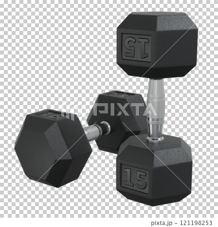 Two Hex Dumbbells with number 15, weightlifting gym equipment 121198253