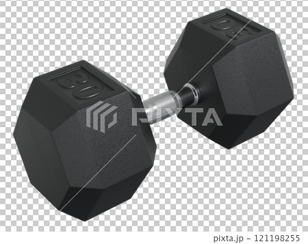 Hex Dumbbell with number 30, weightlifting gym equipment side view Hex Dumbbell with number 30, weightlifting gym equipment side view 121198255