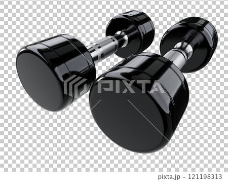 Two blank Round Dumbbells, black weightlifting gym equipment wide angle view 121198313
