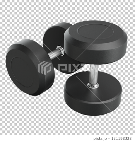Two Blank Round Rubber Dumbbells, weightlifting gym equipment top view 121198328