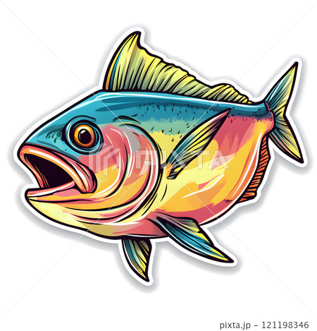 Striking illustration of a vibrant mahi mahi fish, mouth agape, revealing its teeth, perfect for fishing and marine life enthusiasts 121198346