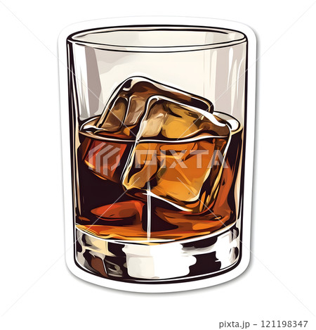 Refreshing whiskey with ice cubes in a rocks glass, perfect for illustrating concepts of relaxation, celebration, or sophisticated drinks 121198347