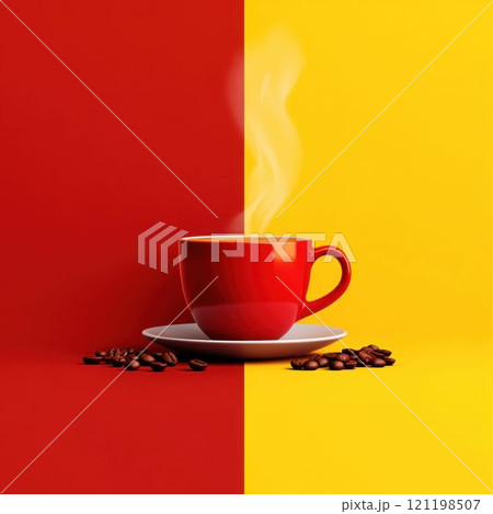 Hot Coffee in a Red Cup with Coffee Beans on Vibrant Background 121198507