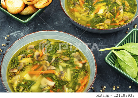 Vegetarian soup with croutons. Vegetarian soup with croutons. 121198935
