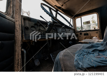 Interior of Abandoned Vintage Truck with Weathered Dashboard Interior of Abandoned Vintage Truck with Weathered Dashboard 121199401