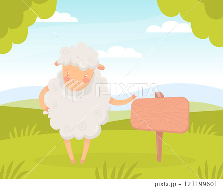 Funny Sheep Farm Character with Wooly Body and Hoof at Wooden Banner Vector Illustration Funny Sheep Farm Character with Wooly Body and Hoof at Wooden Banner Vector Illustration 121199601