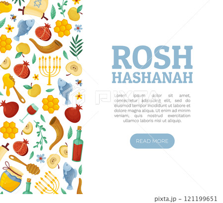 Shana Tova Banner Design with Symbols of Jewish Holiday Vector Template 121199651