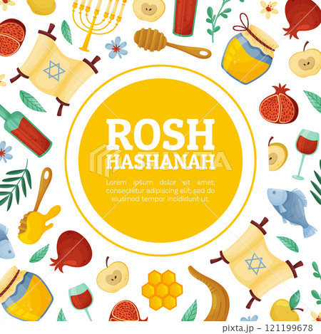 Shana Tova Banner Design with Symbols of Jewish Holiday Vector Template 121199678