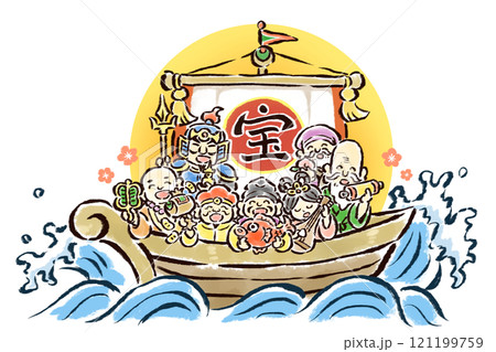 宝船に乗った七福神 筆タッチ手描きイラスト 宝船に乗った七福神 筆タッチ手描きイラスト 121199759