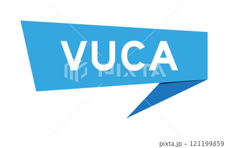 Blue color speech banner with word VUCA (abbreviation of Volatility, uncertainty, complexity and ambiguity) on white background 121199859