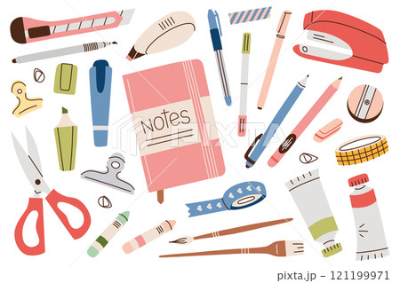 Vector illustration of stationery, set of notebooks, scissors, pens, pencils, markers doodles, stapler, tape, and brushes. Flat cartoon style, perfect for school, office, art, and organization themes 121199971