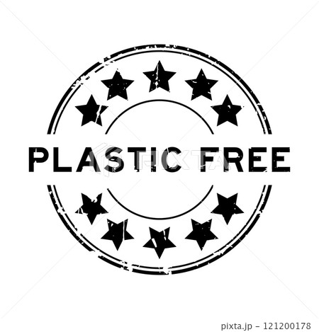 Grunge black plastic free word with star icon round rubber seal stamp on white background Grunge black plastic free word with star icon round rubber seal stamp on white background 121200178
