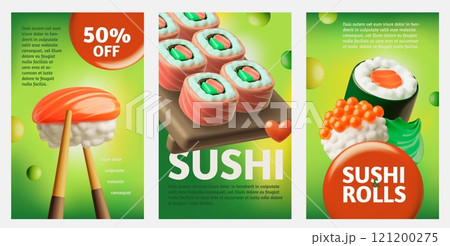 Sushi and rolls vector 3D advertising posters set, sushi roll with red fish, rice and nori, Chinese food, Asian dishes Sushi and rolls vector 3D advertising posters set, sushi roll with red fish, rice and nori, Chinese food, Asian dishes 121200275