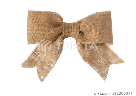 Brown sackcloth ribbon bow isolated on white Brown sackcloth ribbon bow isolated on white 121200377