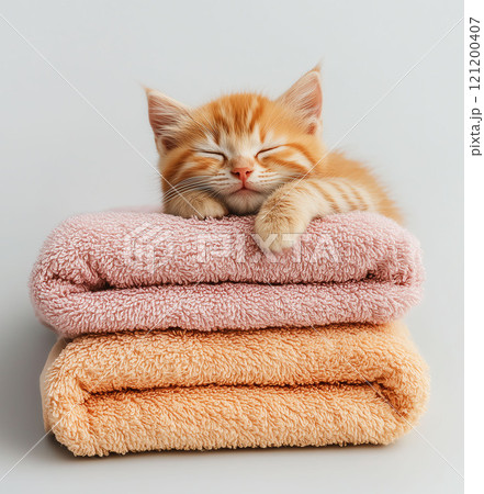 Cute ginger kitten sleeps on stack of towels, on grey background 121200407